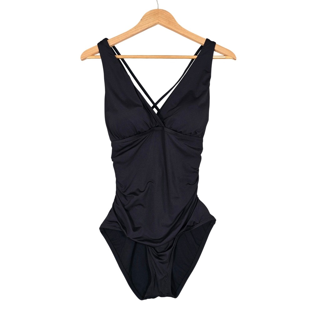 Jantzen Women's Solid Black Ruched One Piece Swimsuit Strappy Back 10